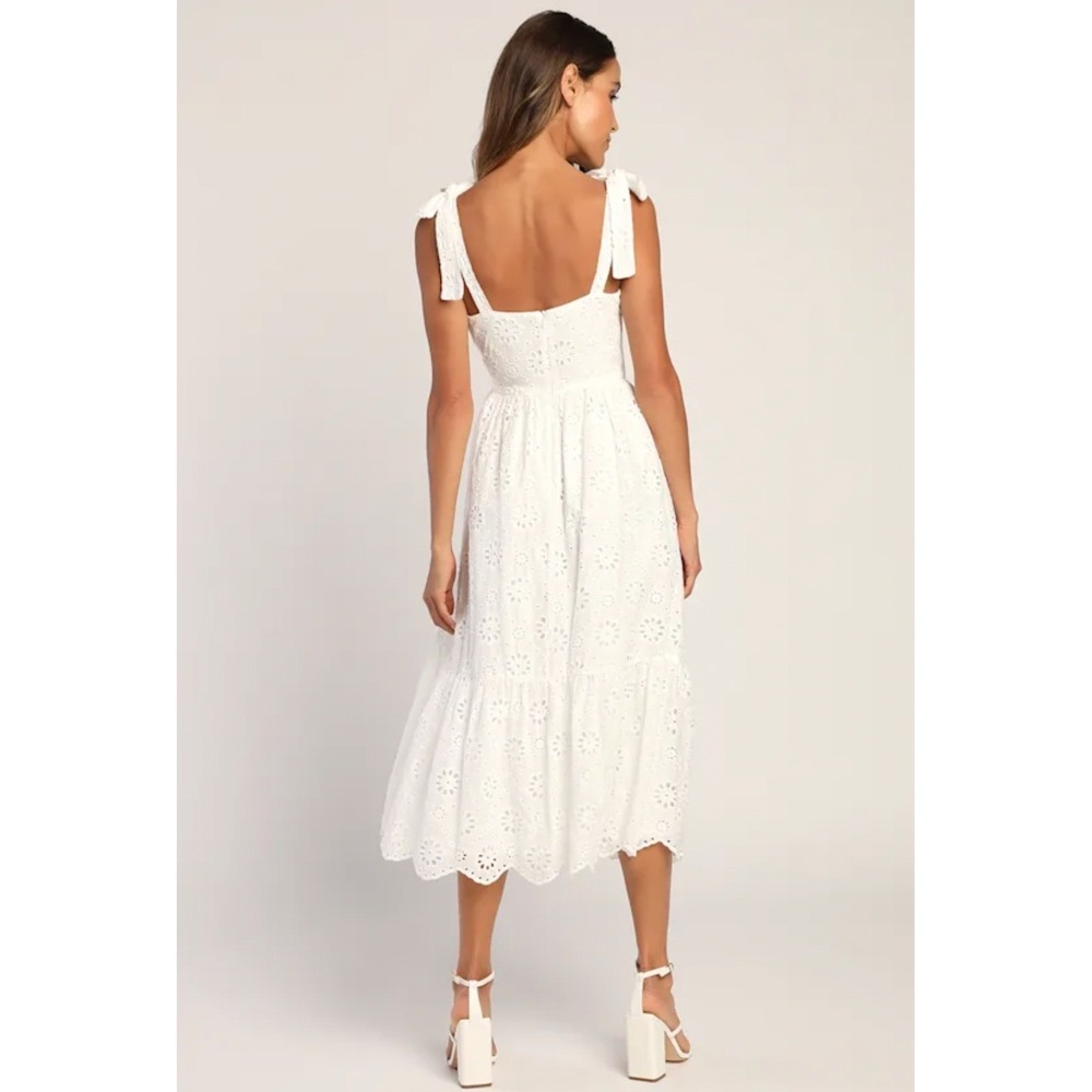 Lulus M White Eyelet Cotton Tie Strap Tiered Midi Dress Womens Graduation Easter - Picture 3 of 15